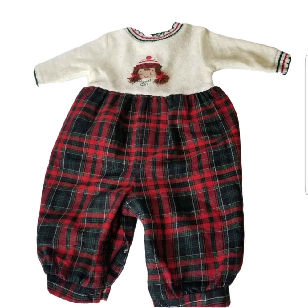 Vtg A Little Angel Baby Girls Cream Red Plaid Romp
